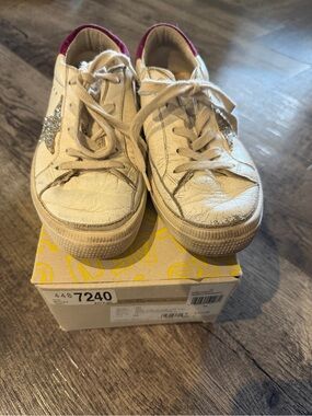 Golden Goose May Sneakers with Magenta and Silver Accent.